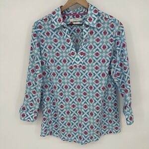 Foxcroft Sz 8 Blue Pink Ikat Blouse Wrinkle Free V Neck Tunic Top 3/4 Tulip Cuff